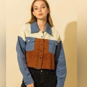 HYFVE Colorblock Corduroy Semi Cropped Jacket Raw Hem Blue Brown White size Med